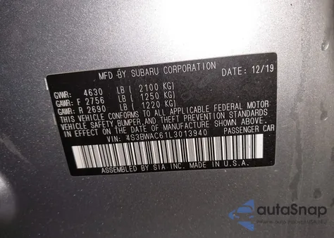 2020 Subaru Legacy Premium из США, поврежденный, VIN 4S3BWAC61L3013940